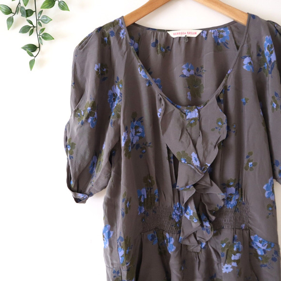Rebecca Taylor Gray Blue Floral Short Sleeve Silk Tunic Top Size 6 - Picture 2 of 4
